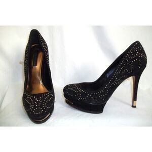 BCBG Max Azria Black Patterned Suede Gold Stud Detail Platform Pumps Shoes 8 B